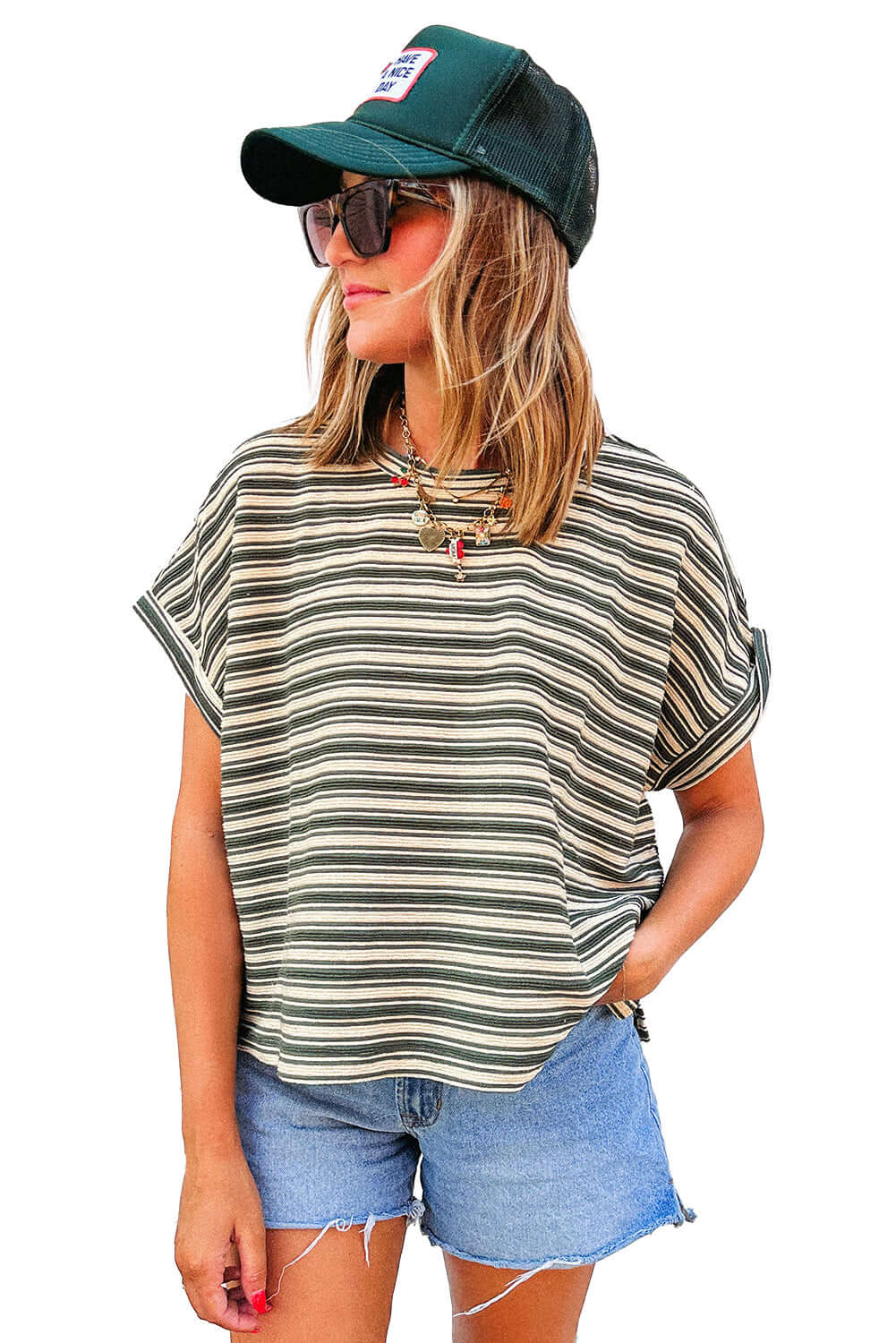 Green Stripe Textured Side Slit Crew Neck T Shirt - Cute Clothes Online - In Style Chics Boutique Women's Juniors Apparel