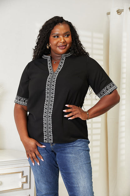 Embroidered Notched Neck Top - In Style Chics Boutique 