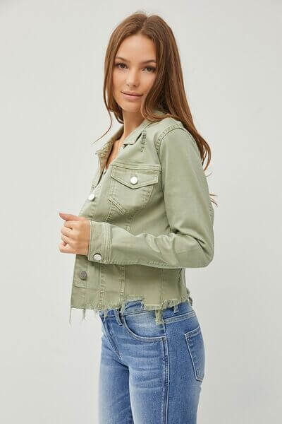 Women's Raw Hem Button Up Cropped Denim Jacket - In Style Chics Boutique 