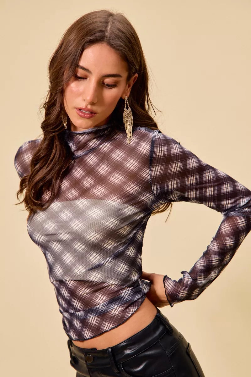 Plaid Mesh Knit Long Sleeve Top with Thumb Opening at In Style Chics Boutique 
