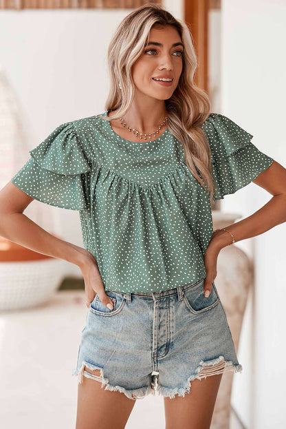 Laurel Green Spotted Print Pleated Ruffle Sleeve Blouse - In Style Chics Boutique Online Clothing Women's Juniors Free Shipping