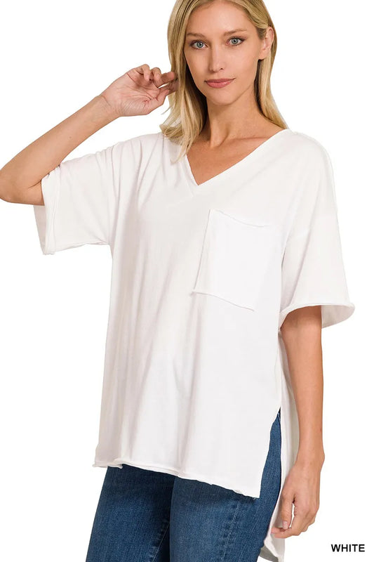Boyfriend Tee, Front Pocket Raw Edge  at In Style Chics Boutique 