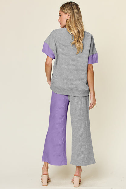 Double Take Full Size Texture Contrast T-Shirt and Wide Leg Pants Set - More Colors! - In Style Chics Boutique LLC