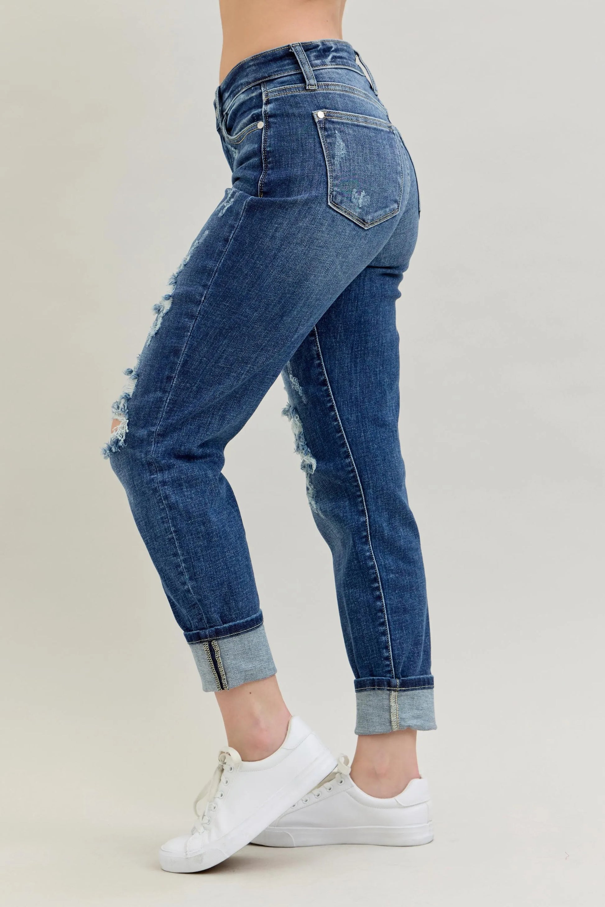 Judy Blue Mid Rise Cuffed Destroy Boyfriend Jeans - In Style Chics Boutique Women's Clothes Online Plus Size 