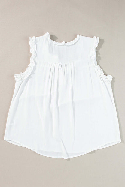 Button Split Neck Frill Trim Sleeveless Shirt - Cute Clothes Online - In Style Chics Boutique Women's Juniors Apparel 