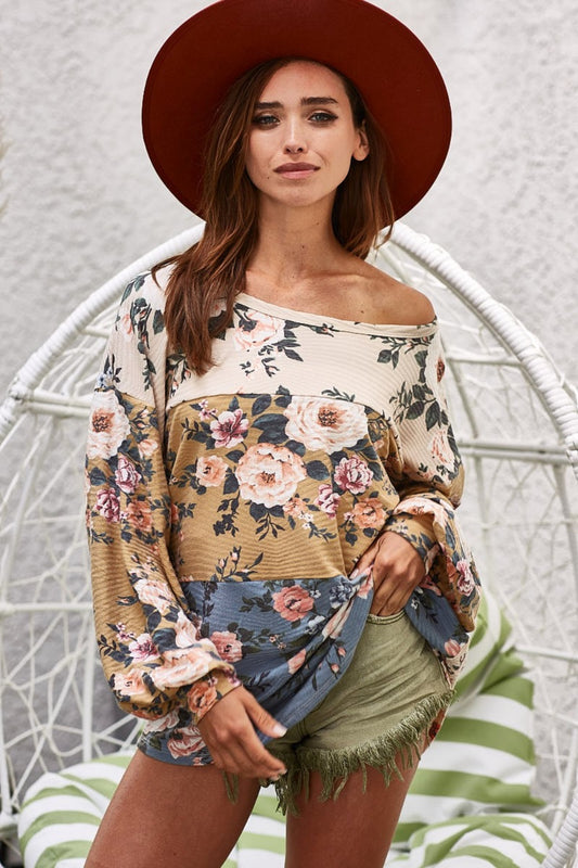 BiBi Floral Jacquard Color Block Top - In Style Chics Boutique LLC