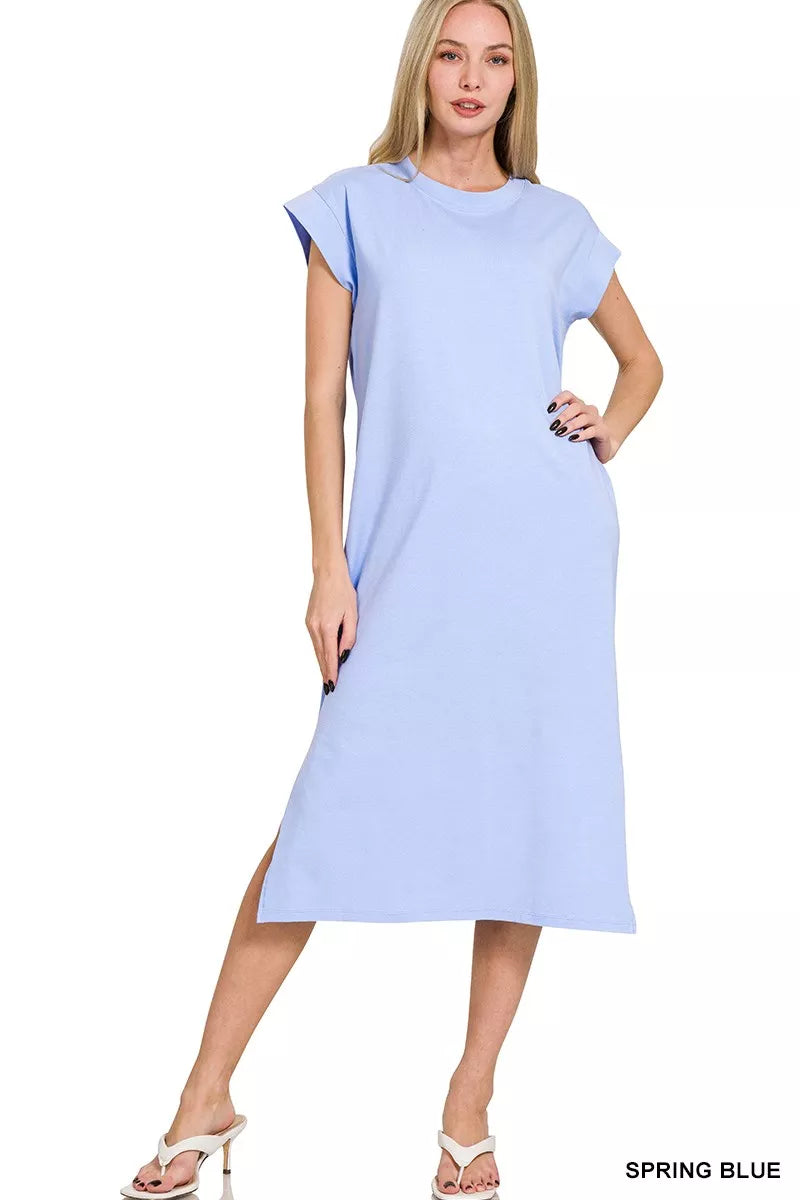 Round Neck Side Slit Midi Dress at In Style Chics Boutique 