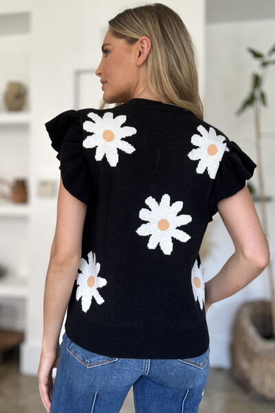 Ruffled Flower Round Neck Cap Sleeve Sweater - In Style Chics Boutique - Shop Online Plus Size Clothing 