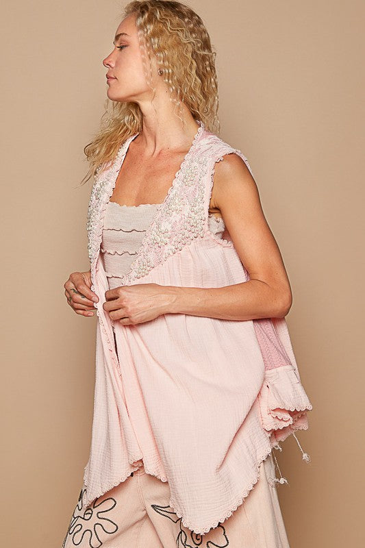 POL Embroidered Pearls Open Front Sleeveless Cardigan