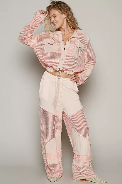 Button Down Hooded Shirt, Texture Woven Drawstring Hem Hoodie at In Style Chics Boutique 