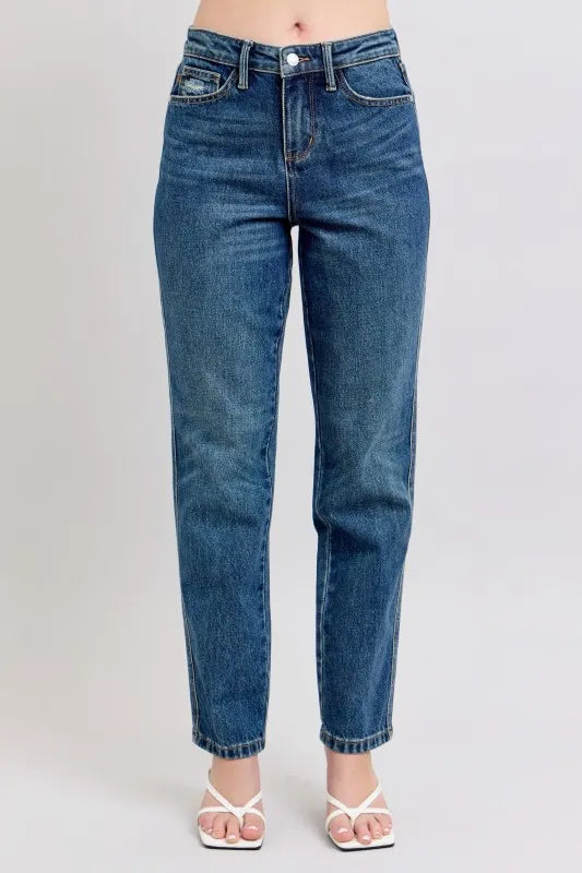 Shop High-waisted Judy Blue rigid magic straight leg jeans in dark denim, featuring a structured front and stretchy back for a comfortable fit at In Style Chics Boutique Regular and Plus Size Jeans 🤍 
