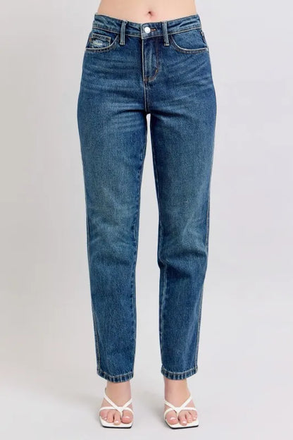 Shop High-waisted Judy Blue rigid magic straight leg jeans in dark denim, featuring a structured front and stretchy back for a comfortable fit at In Style Chics Boutique Regular and Plus Size Jeans 🤍 
