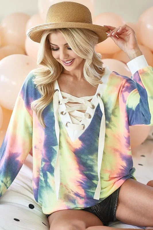 Tie Dye Deep V-Neck Top with Lace Up Front Shop Online at In Style Chics Boutique 