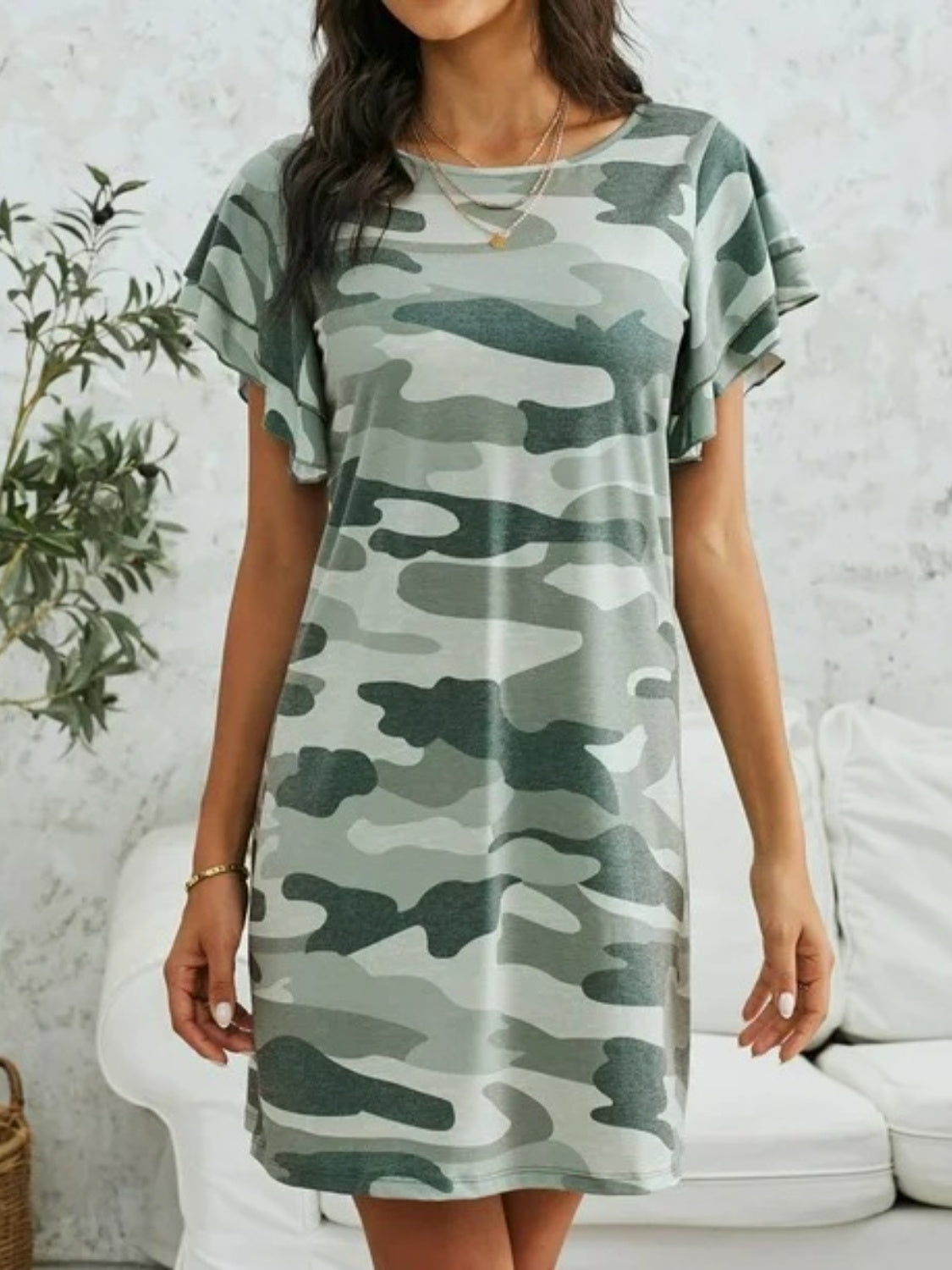 Camouflage Round Neck Short Sleeve Mini Dress - In Style Chics Boutique LLC