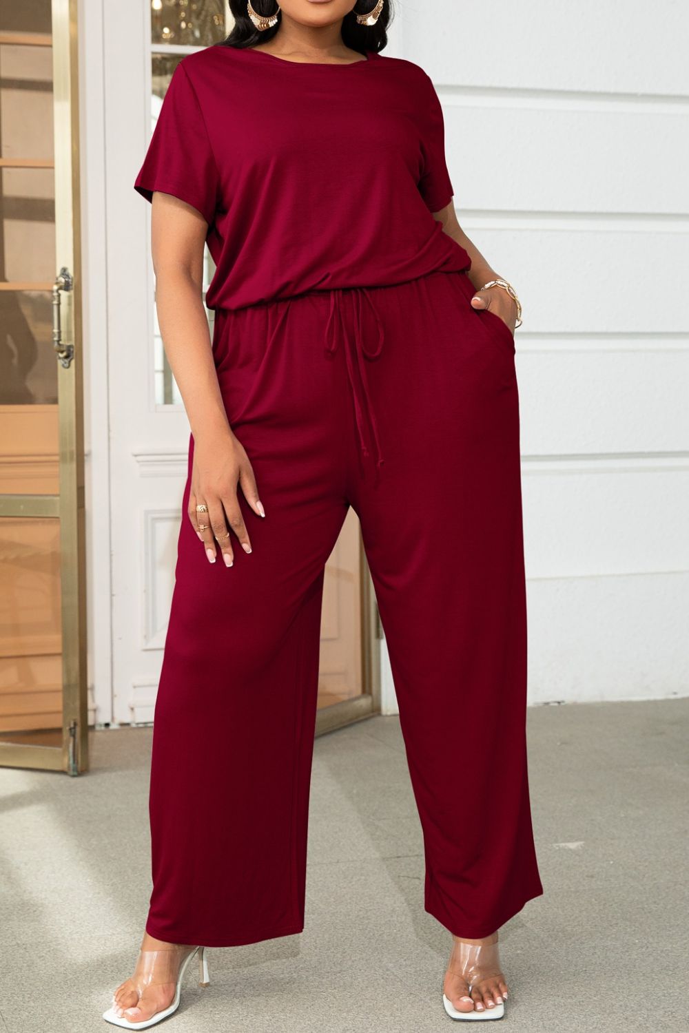 Plus Size Drawstring Waist Short Sleeve Jumpsuit - In Style Chics Boutique LLC