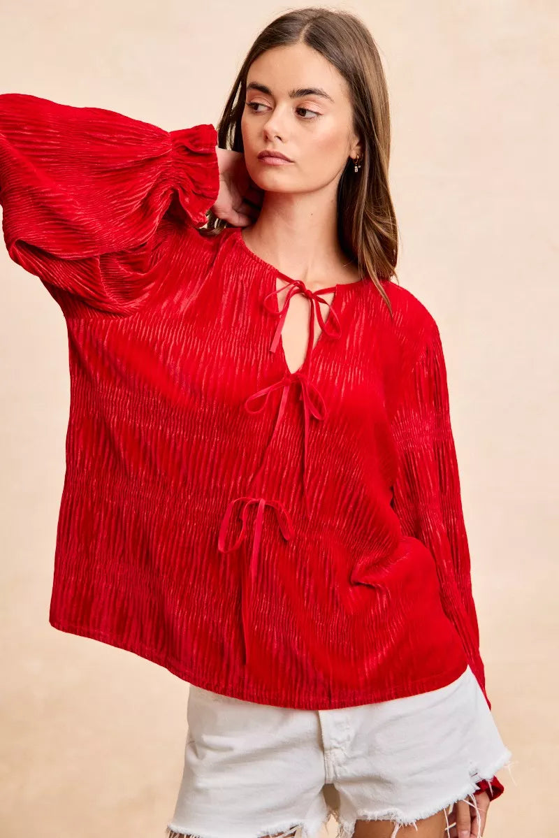 BiBi Christmas Velvet Bow Tied  Red Top With Neck Drop