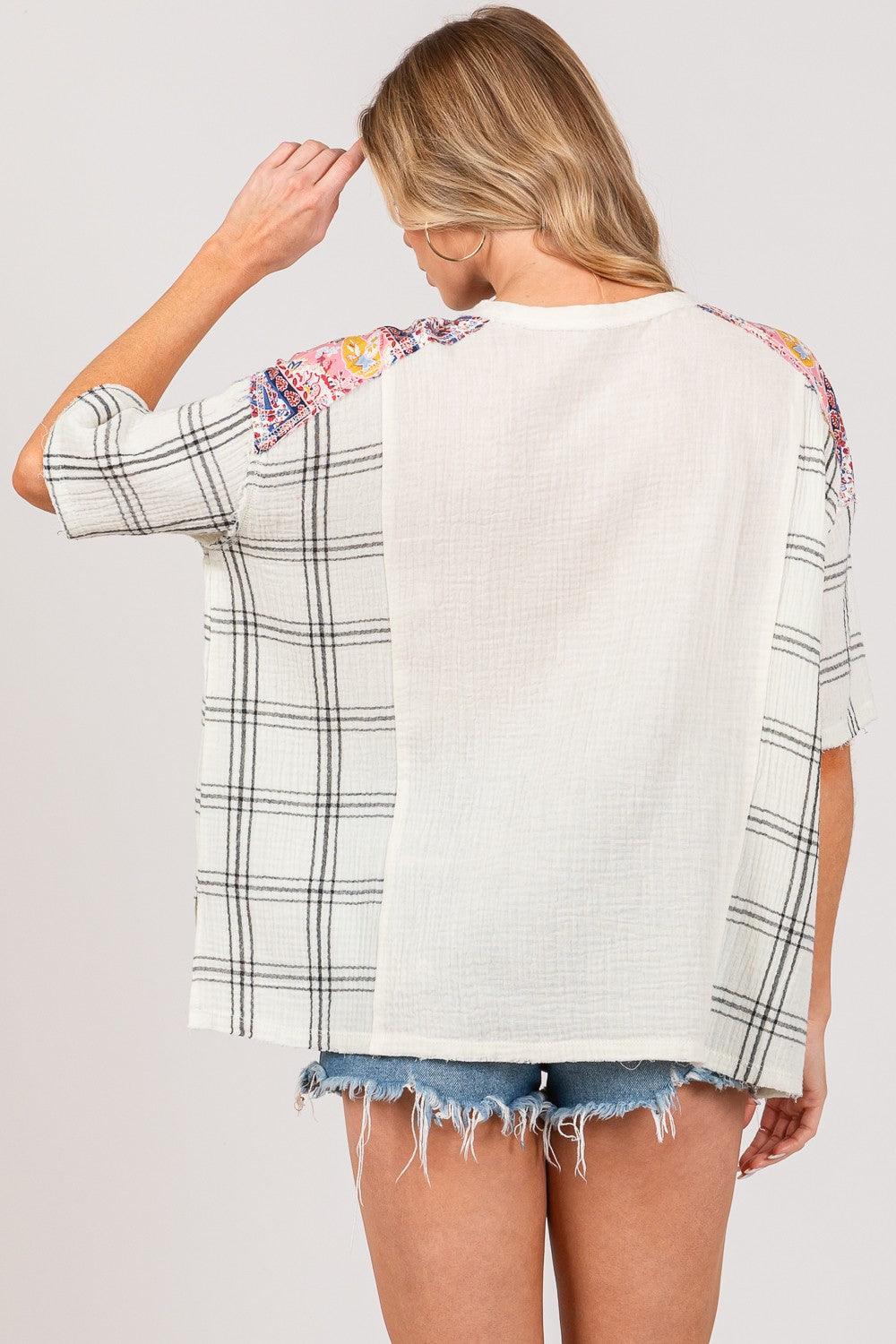 SAGE + FIG Plaid Half Button Gauze Top - In Style Chics Boutique LLC