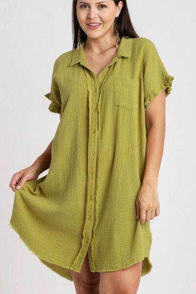 Raw Hem Button Down Short Sleeve Gauze Shirt Dress - In Style Chics Boutique Online Clothing 