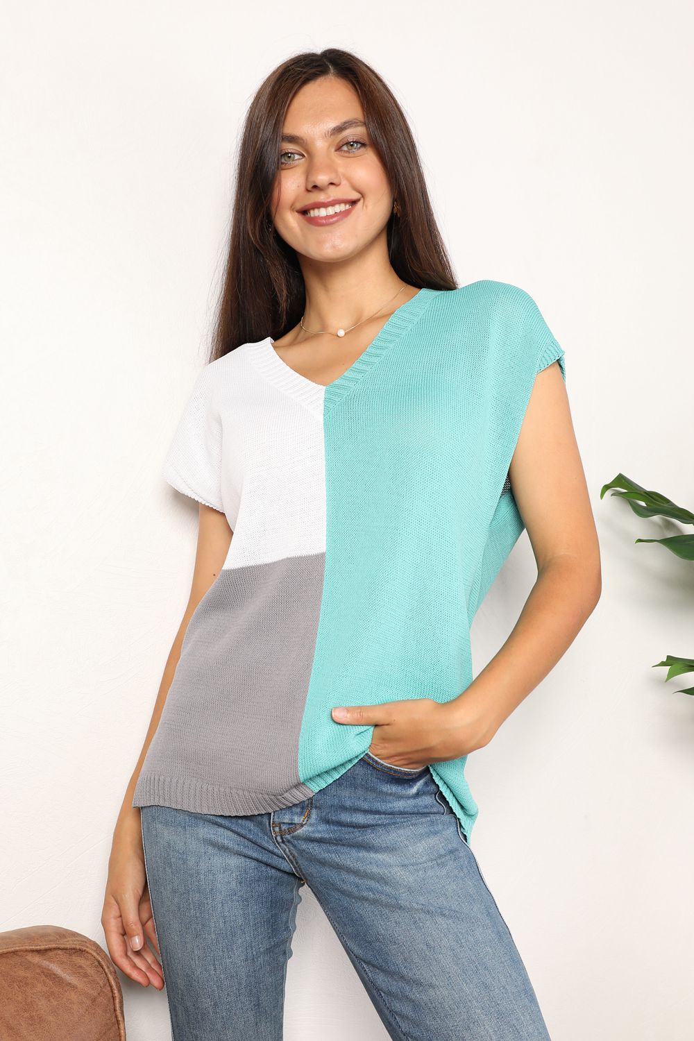 Color Block V-Neck Knit Top - In Style Chics Boutique 
