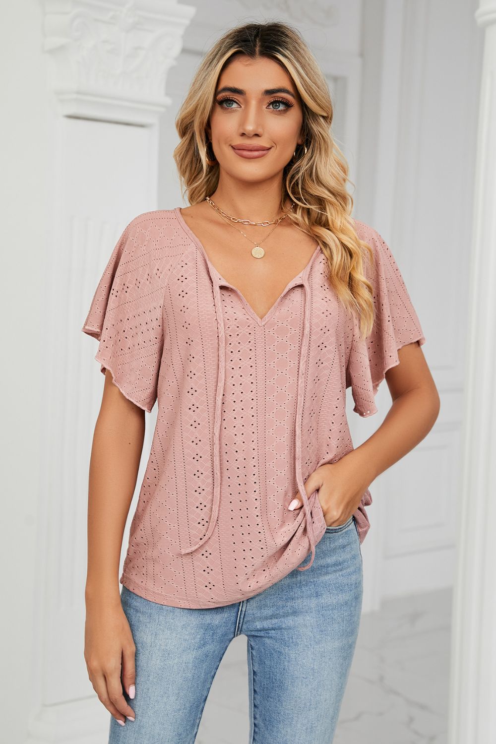 Eyelet Tie-Neck Flutter Sleeve Top - In Style Chics Boutique LLC