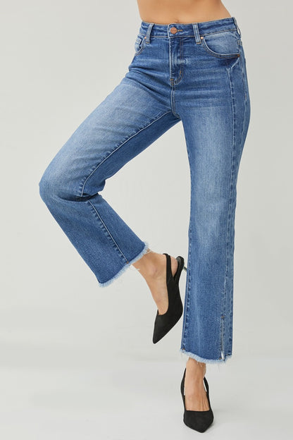 RISEN High Waist Raw Hem Slit Straight Jeans - In Style Chics Boutique LLC