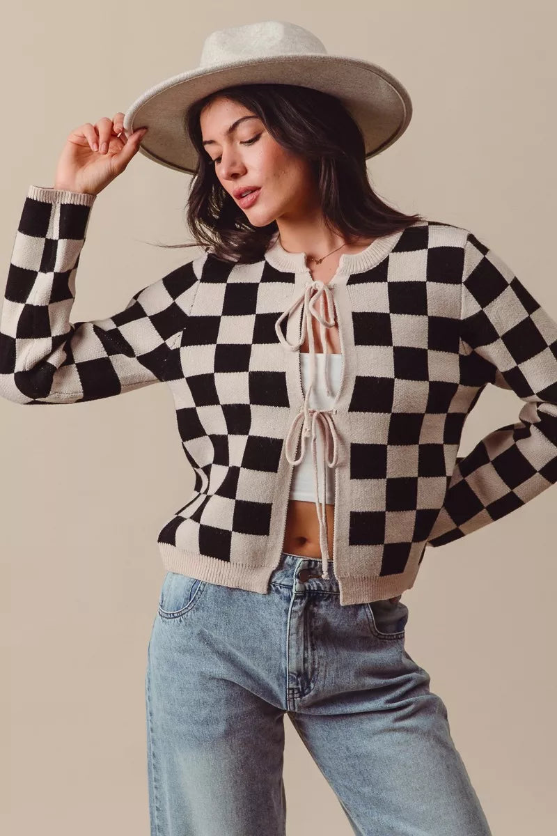 Shop Tie Front Checkered Knitted Round Neck Cardigan at In Style Chics Boutique