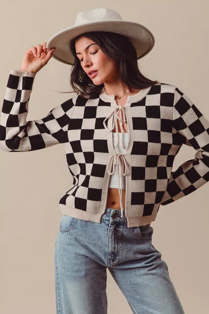 Shop Tie Front Checkered Knitted Round Neck Cardigan at In Style Chics Boutique