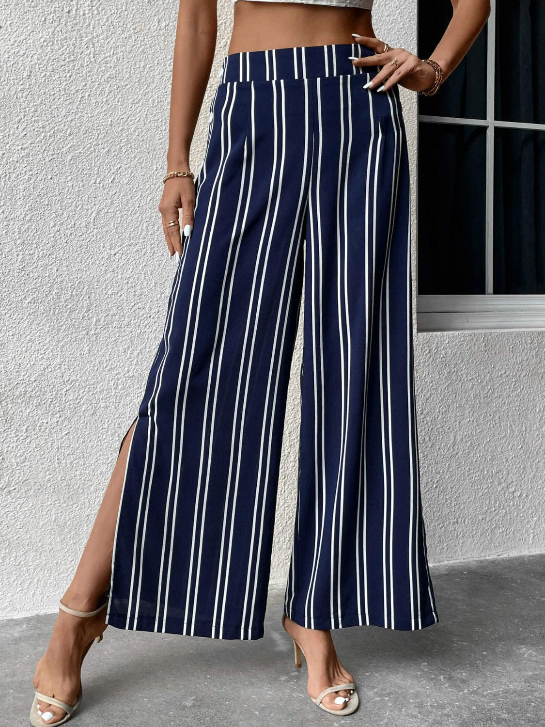 Striped Slit Wide Leg Pants - In Style Chics Boutique LLC