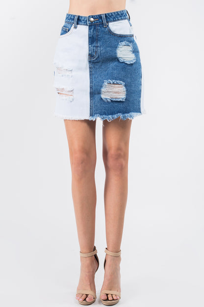 American Bazi Contrast Patched Frayed Denim Distressed Skirts - In Style Chics Boutique LLC