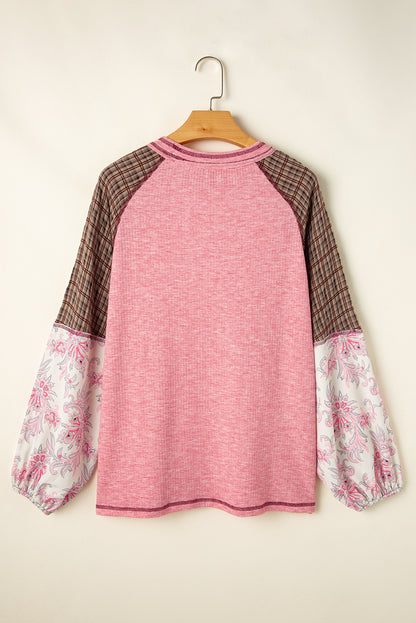 Jet Stream Floral Plaid Mixed Print Patchwork Raglan Ribbed Top