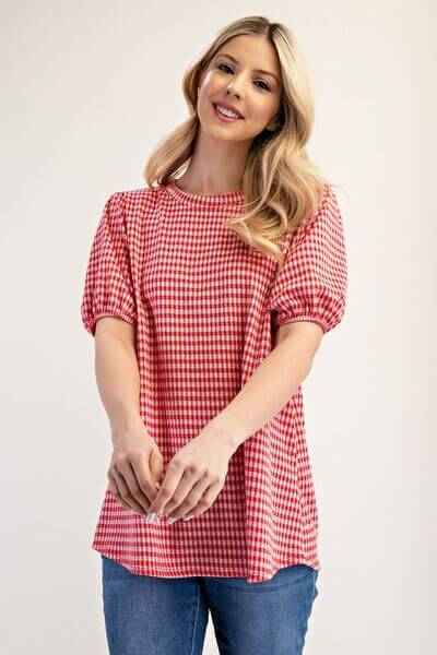 Women's Gingham Print Top With Puff Short Sleeves - In Style Chics Boutique