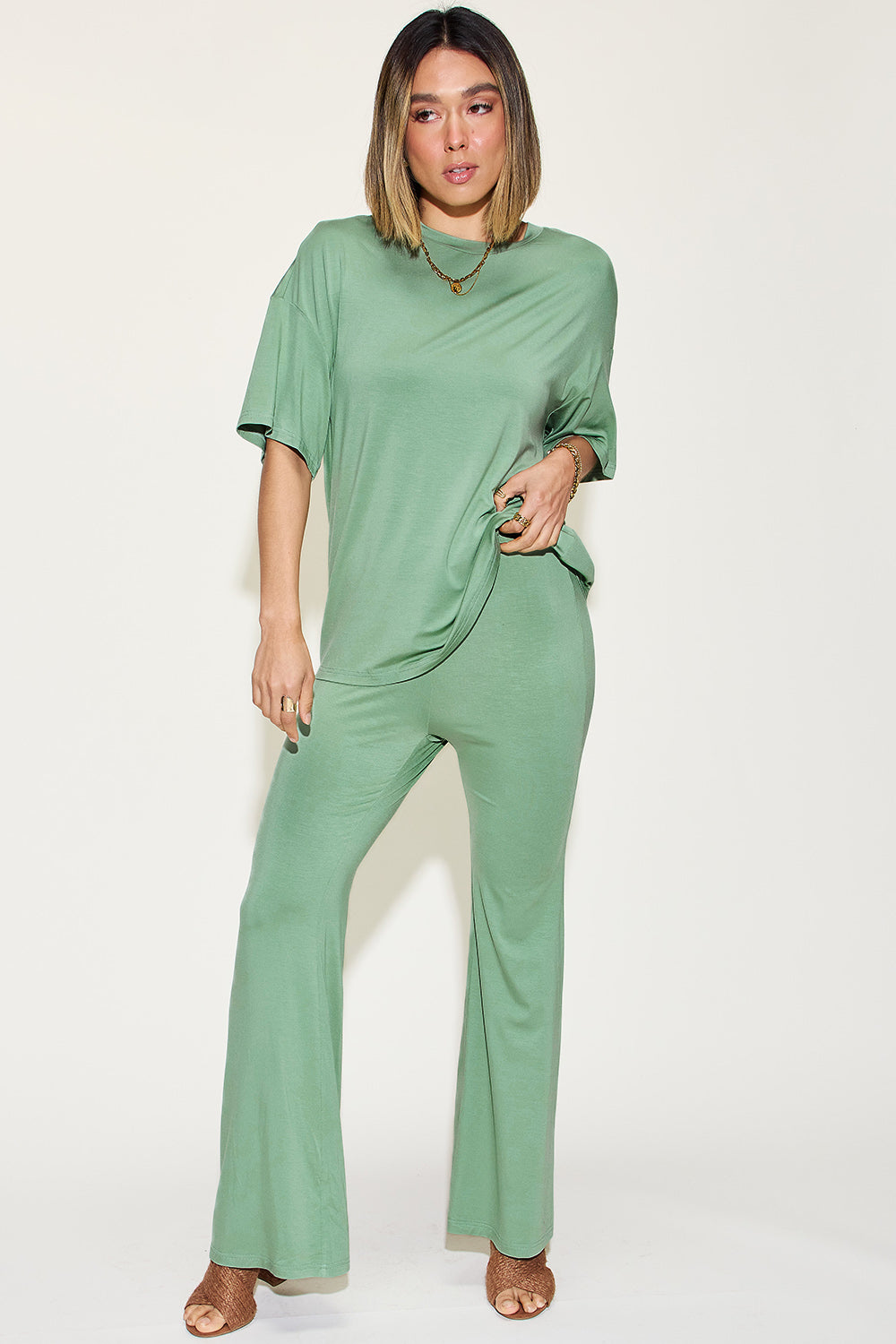 Basic Bae Full Size Bamboo Drop Shoulder T-Shirt and Flare Pants Set More Colors! - In Style Chics Boutique LLC