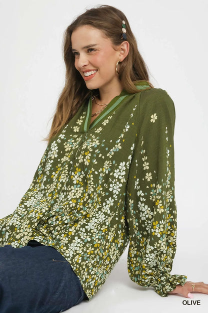 Blouse with Balloon Sleeves Floral Vine Print at In Style Chics Boutique 