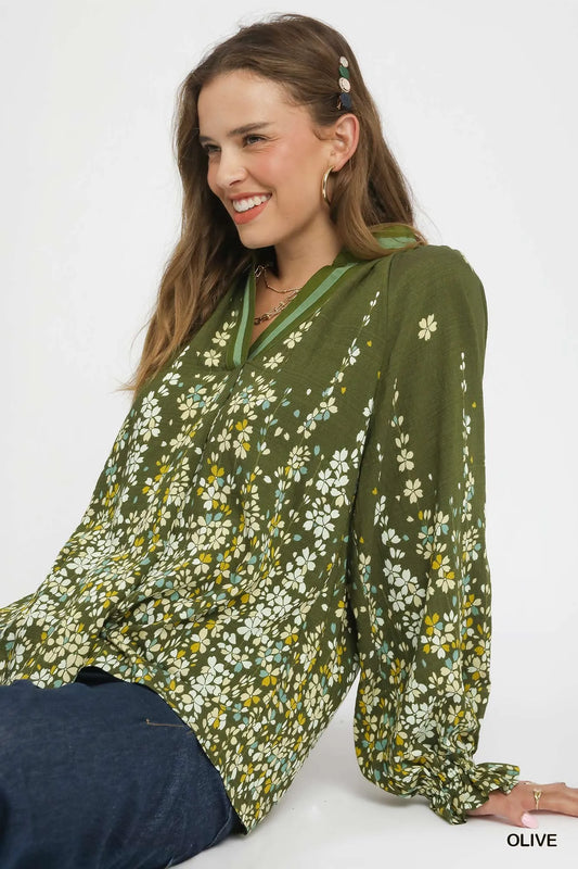 Blouse with Balloon Sleeves Floral Vine Print at In Style Chics Boutique 