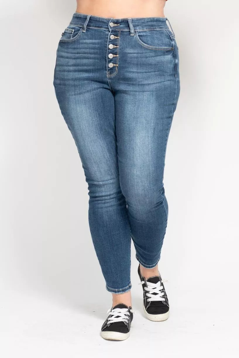 Judy Blue High Rise Button Fly Skinny Jeans at In Style Chics Boutique plus size jeans 