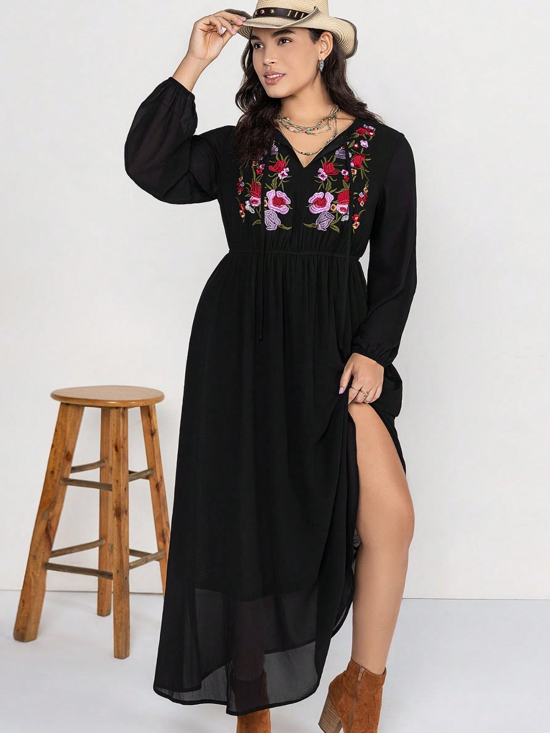 Plus-Size Embroidered Tie Neck Long Sleeve Dress - In Style Chics Boutique LLC