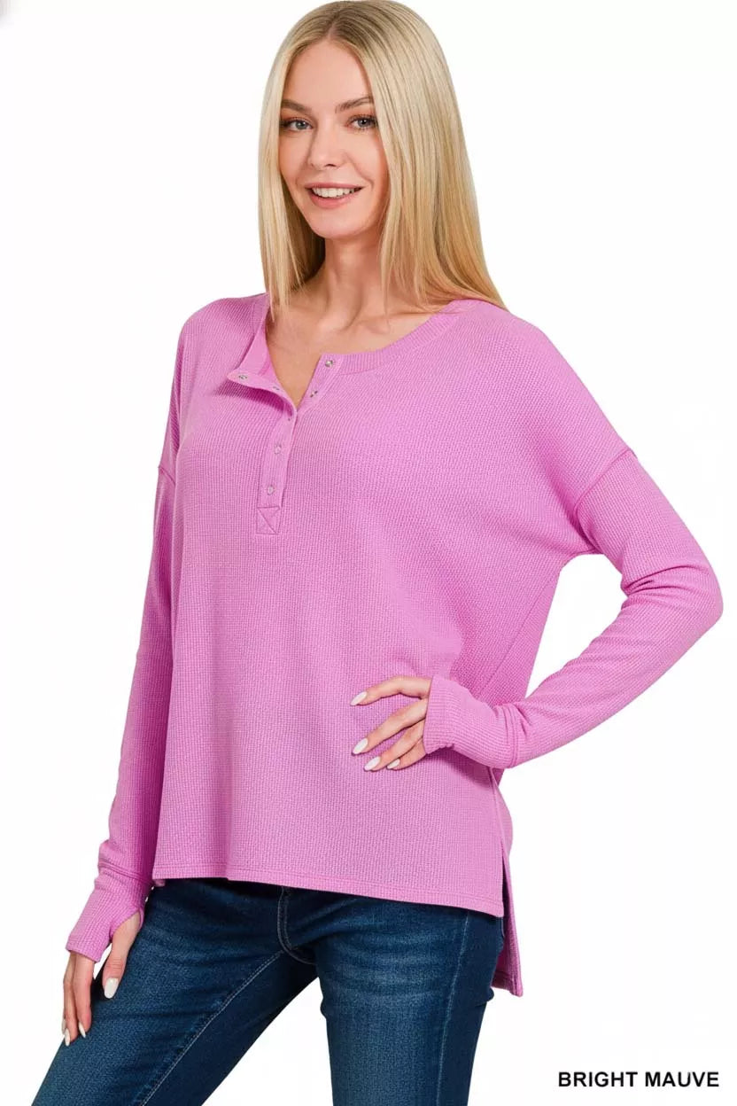Shop Zenana Waffle Knit Henley Top with Thumbhole Sleeves, Bright Mauve at In Style Chics Boutique 