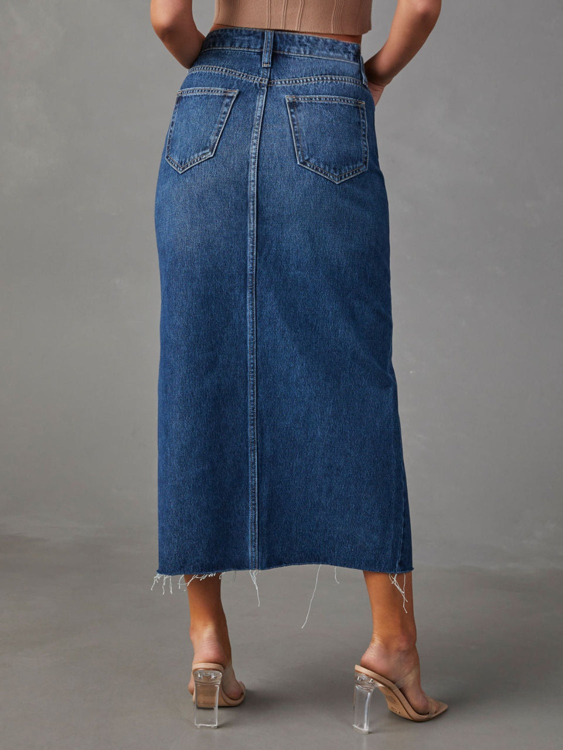 Slit Raw Hem Midi Denim Skirt - In Style Chics Boutique LLC