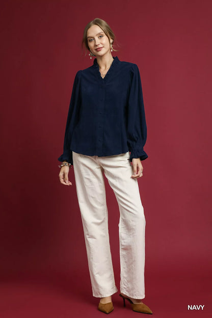 Navy Corduroy Ruffle Shirt with Long Puff Sleeves at In Style Chics Boutique 