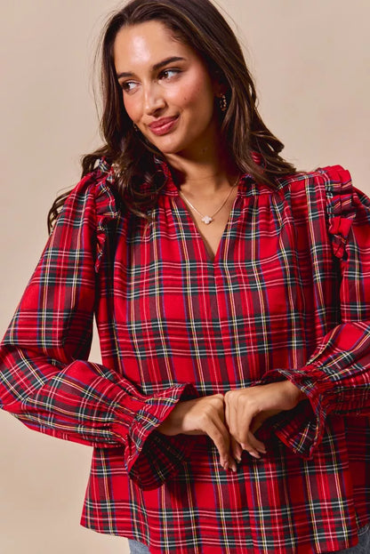Christmas Checkered Plaid Smocked ♥️ Blouse at In Style Chics Boutique 