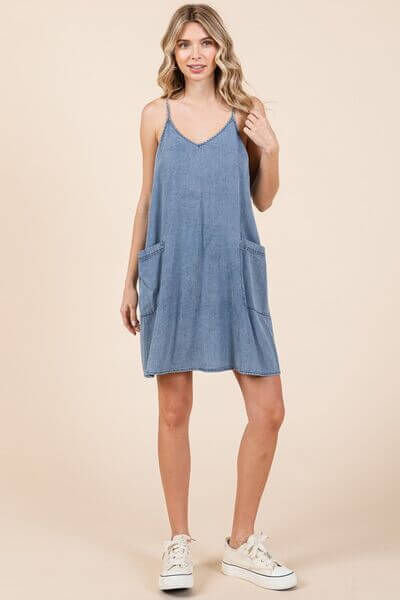 Washed Patch Pocket Mini Cami Denim Dress - In Style Chics Boutique 