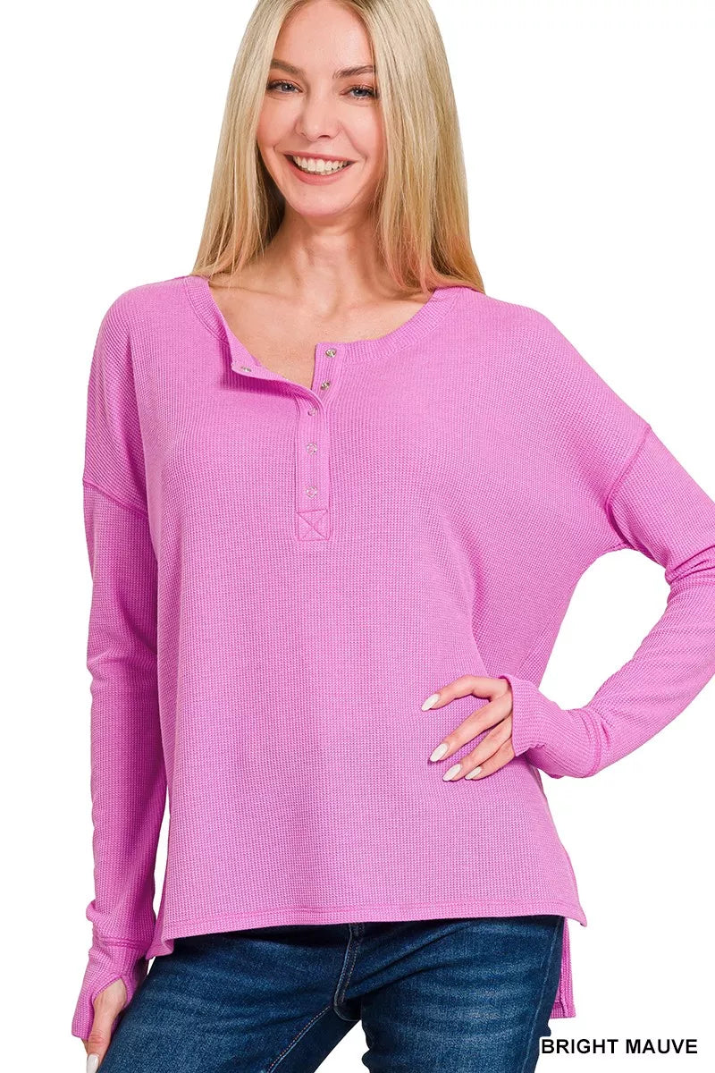 Shop Zenana Waffle Knit Henley Top with Thumbhole Sleeves, Bright Mauve at In Style Chics Boutique 