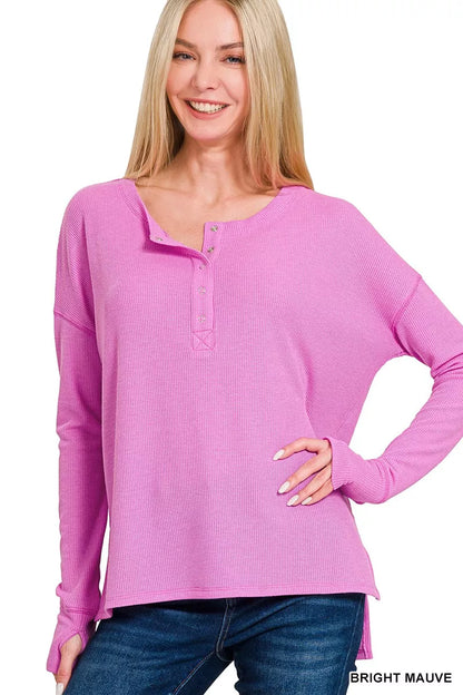 Shop Zenana Waffle Knit Henley Top with Thumbhole Sleeves, Bright Mauve at In Style Chics Boutique 