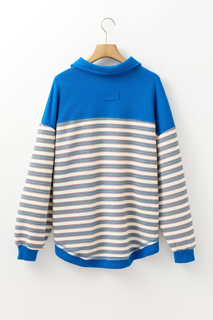 Stripe Collared V Neck Drop Shoulder Top