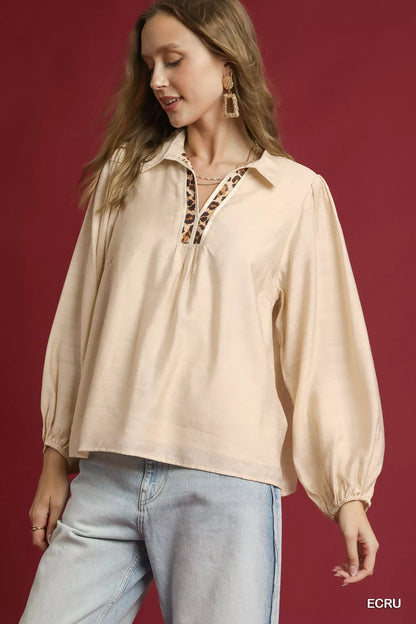 Long Sleeve Blouse with Leopard Print Trim at In Style Chics Boutique 