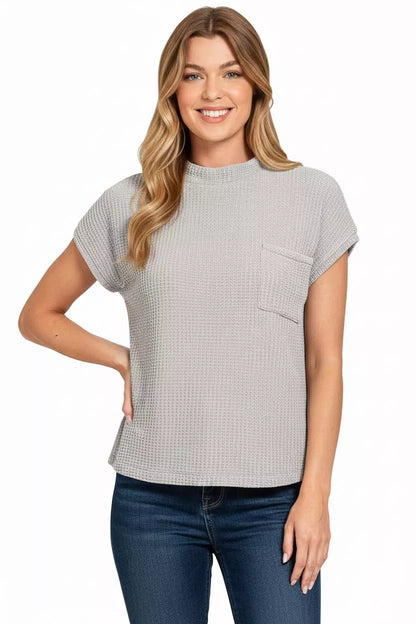 Zenana Chenille Waffle Short Sleeve Grey Sweater