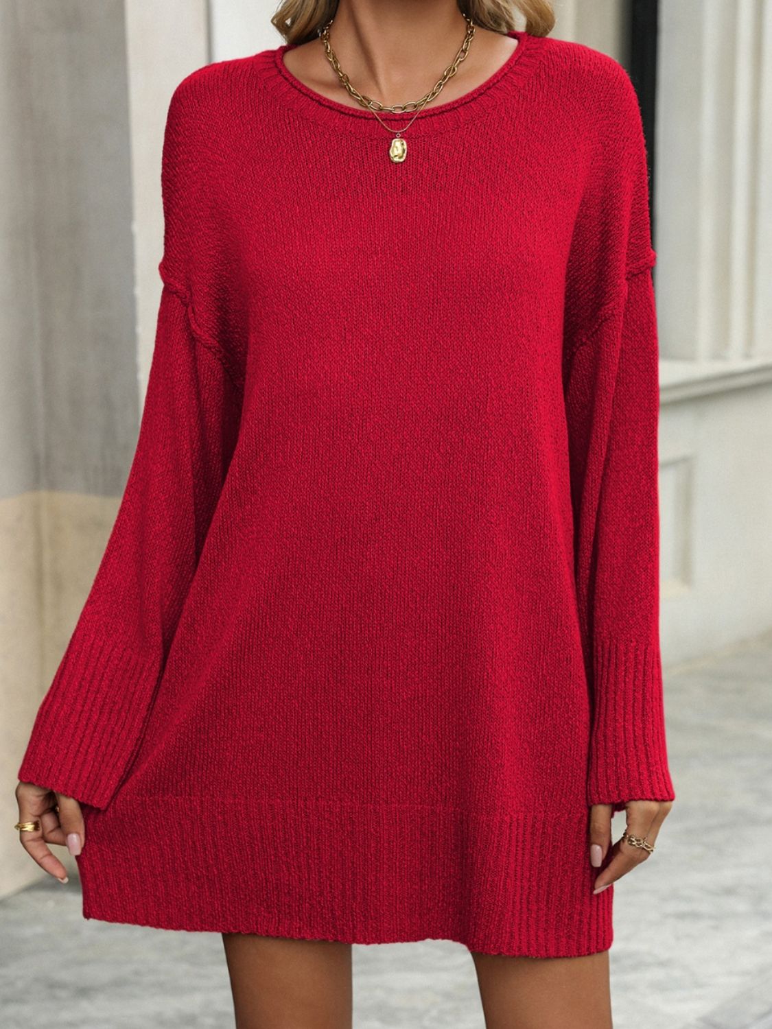 Round Neck Dropped Shoulder Sweater - In Style Chics Boutique LLC