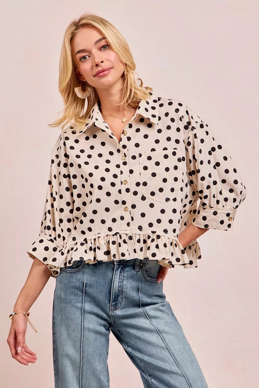 Shop Polka Dot 🤍🖤 Printed Peplum Top with Front Button at In Style Chics Boutique 