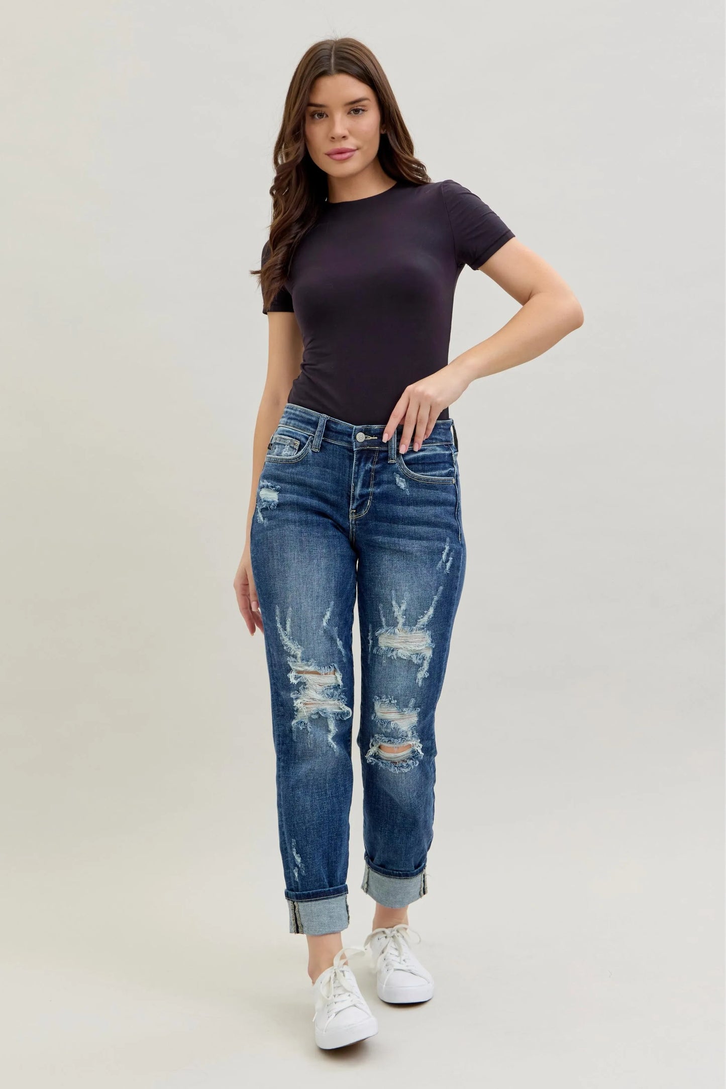 Judy Blue Mid Rise Cuffed Destroy Boyfriend Jeans - In Style Chics Boutique Women's Clothes Online Plus Size 