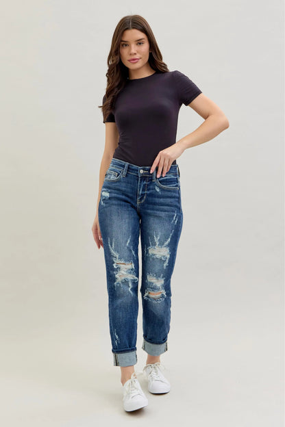Judy Blue Mid Rise Cuffed Destroy Boyfriend Jeans - In Style Chics Boutique Women's Clothes Online Plus Size 